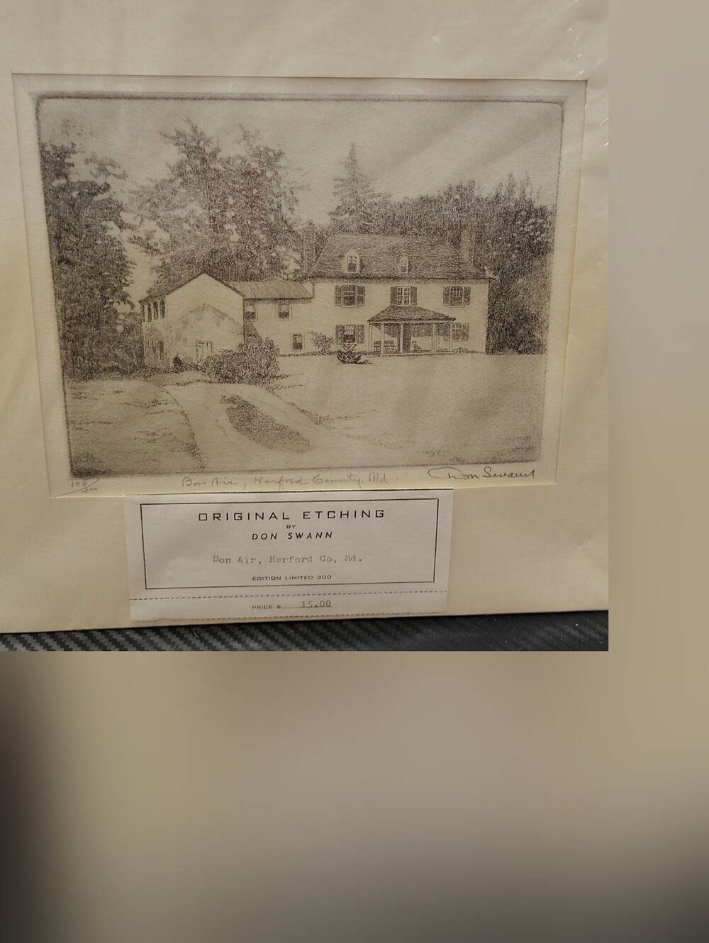 Original Etching Print Featuring Country House in Black and Cream